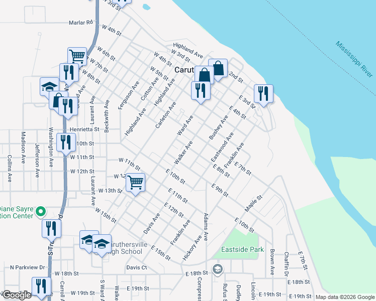 map of restaurants, bars, coffee shops, grocery stores, and more near 200 East 8th Street in Caruthersville