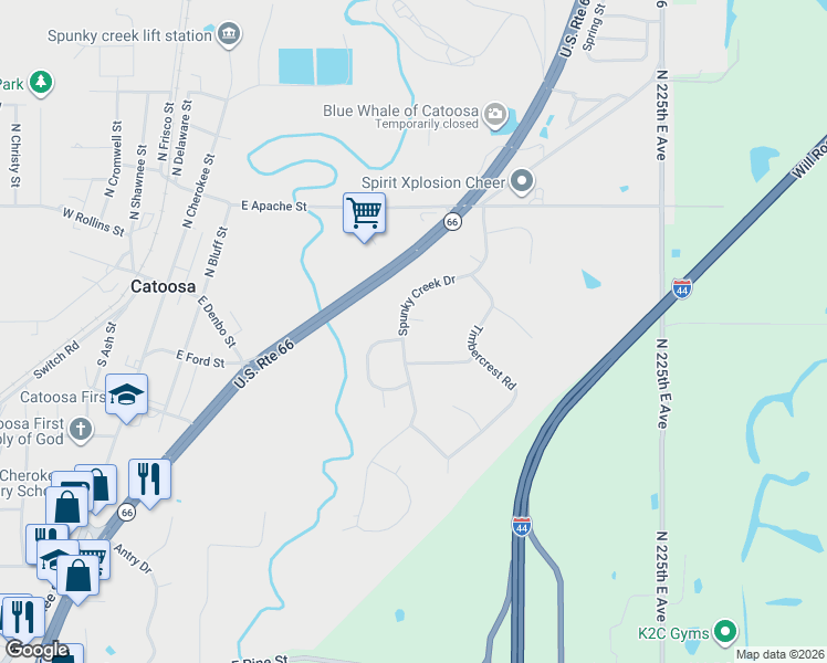 map of restaurants, bars, coffee shops, grocery stores, and more near 141 Spunky Creek Drive in Catoosa