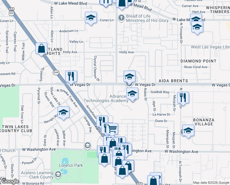 map of restaurants, bars, coffee shops, grocery stores, and more near 1302 Cherokee Lane in Las Vegas