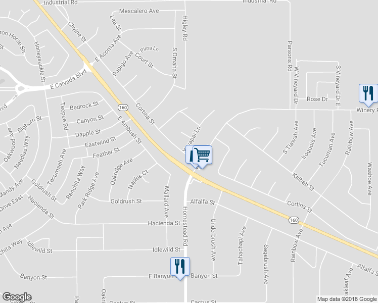 map of restaurants, bars, coffee shops, grocery stores, and more near 3020 Cortina Street in Pahrump