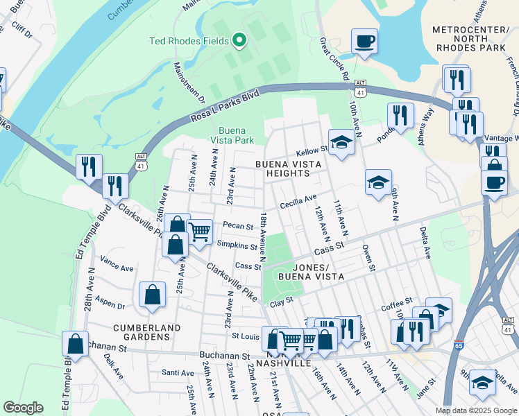 map of restaurants, bars, coffee shops, grocery stores, and more near 1701 McKinney Avenue in Nashville