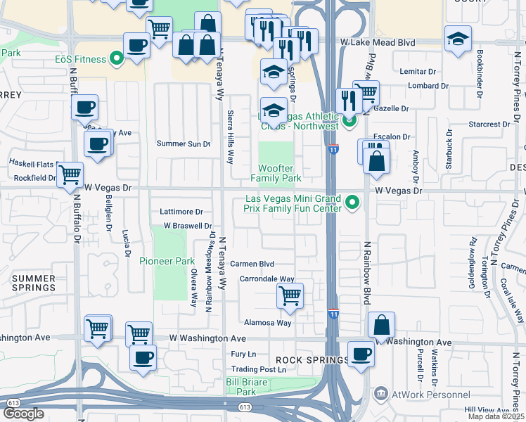 map of restaurants, bars, coffee shops, grocery stores, and more near 1501 Wintergreen Drive in Las Vegas