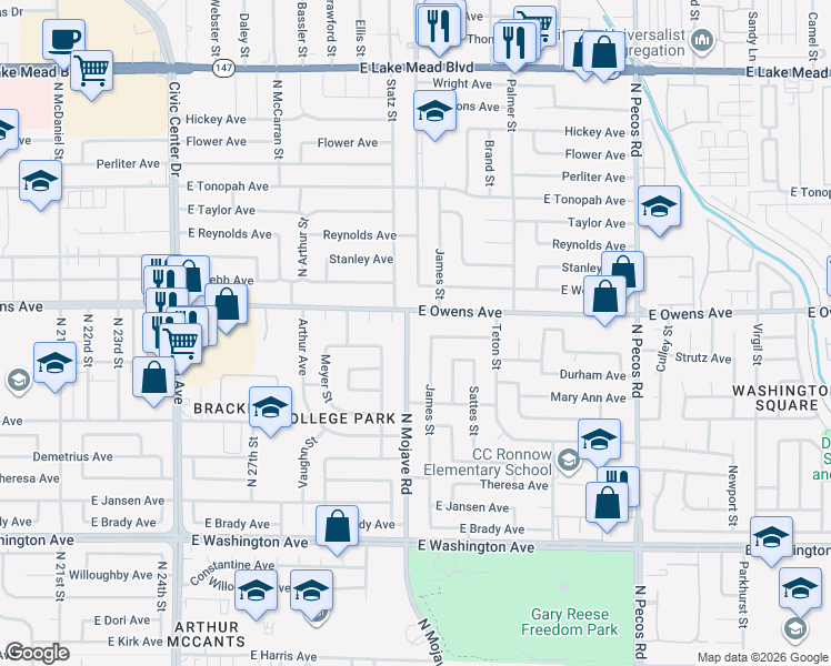 map of restaurants, bars, coffee shops, grocery stores, and more near 1516 North Mojave Road in Las Vegas