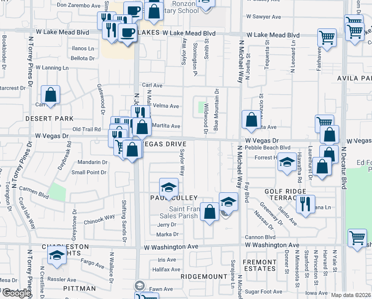 map of restaurants, bars, coffee shops, grocery stores, and more near 1513 Winwood Street in Las Vegas