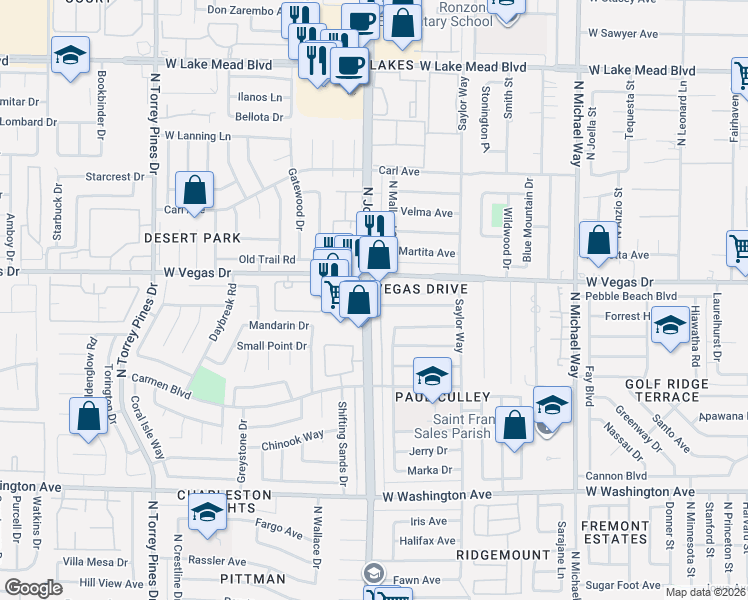 map of restaurants, bars, coffee shops, grocery stores, and more near 6032 Pebble Beach Boulevard in Las Vegas