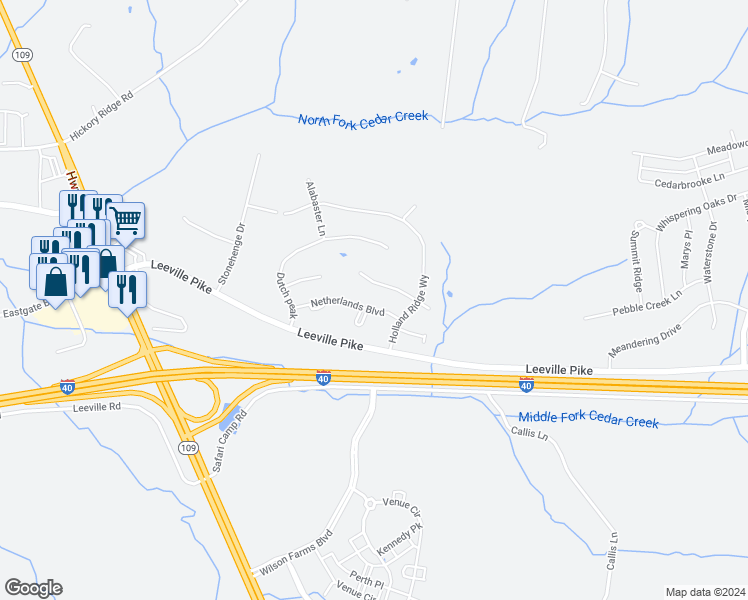 map of restaurants, bars, coffee shops, grocery stores, and more near 224 Netherlands Boulevard in Lebanon