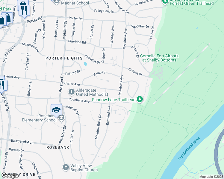 map of restaurants, bars, coffee shops, grocery stores, and more near 2610 Carter Avenue in Nashville