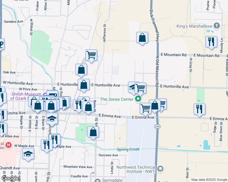 map of restaurants, bars, coffee shops, grocery stores, and more near 809 East Huntsville Avenue in Springdale
