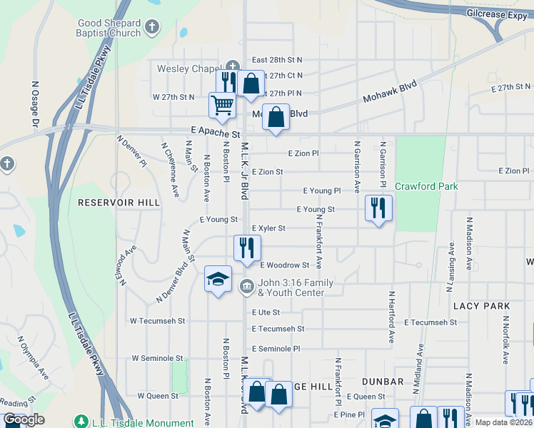 map of restaurants, bars, coffee shops, grocery stores, and more near 218 East Young Street in Tulsa
