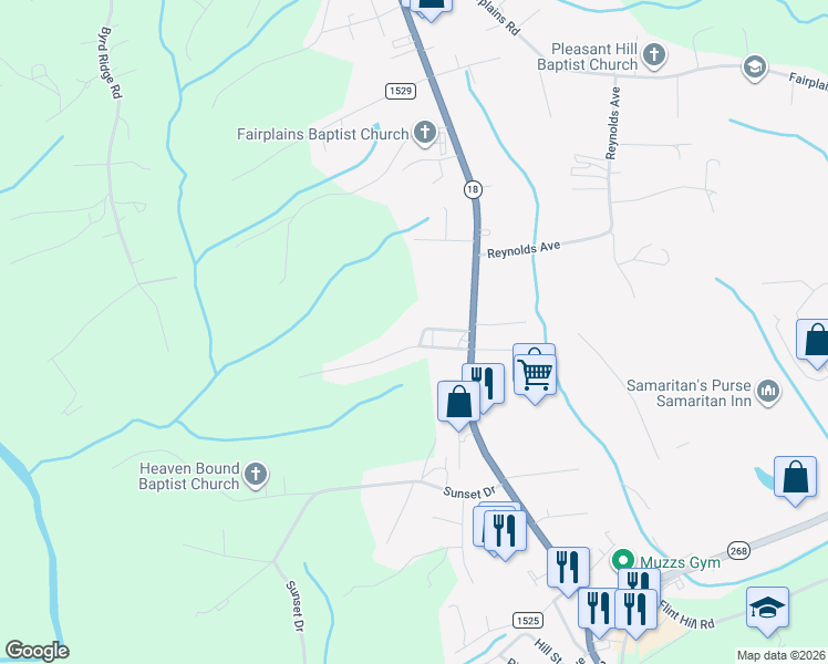 map of restaurants, bars, coffee shops, grocery stores, and more near 164 Fairplains Ridge Road in North Wilkesboro