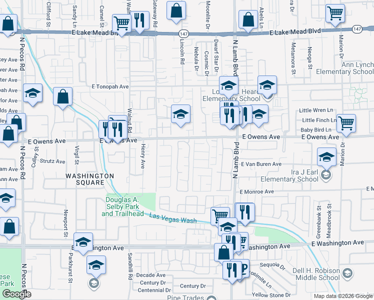 map of restaurants, bars, coffee shops, grocery stores, and more near 1561 Linnbaker Lane in Las Vegas