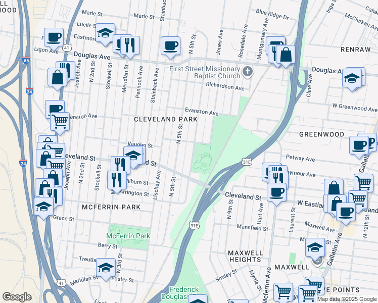 map of restaurants, bars, coffee shops, grocery stores, and more near 916C North 6th Street in Nashville