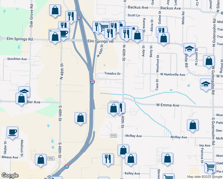 map of restaurants, bars, coffee shops, grocery stores, and more near 4151 Delmon Lane in Springdale