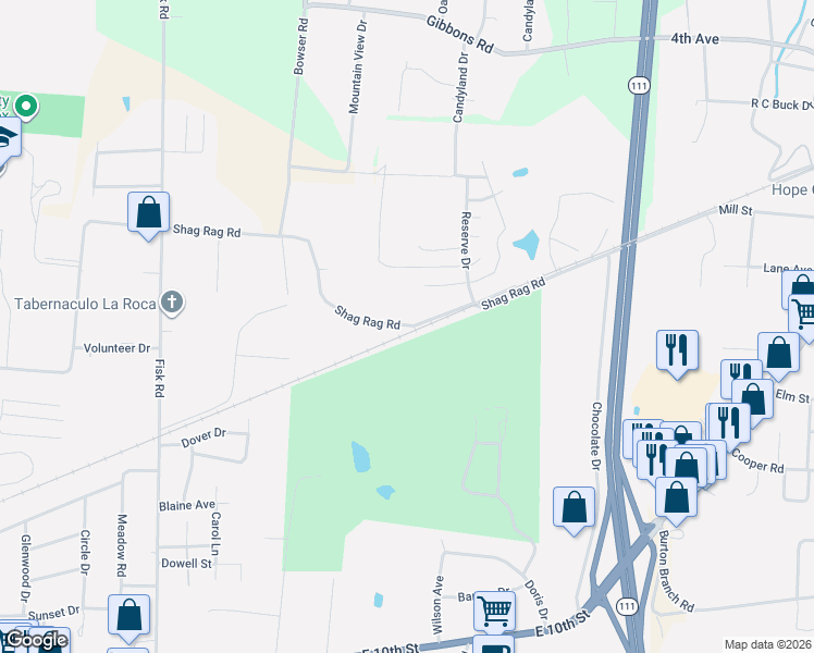 map of restaurants, bars, coffee shops, grocery stores, and more near 1524 Shag Rag Road in Cookeville
