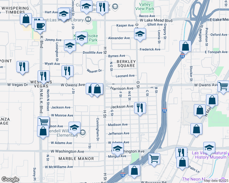 map of restaurants, bars, coffee shops, grocery stores, and more near 619 Harrison Avenue in Las Vegas