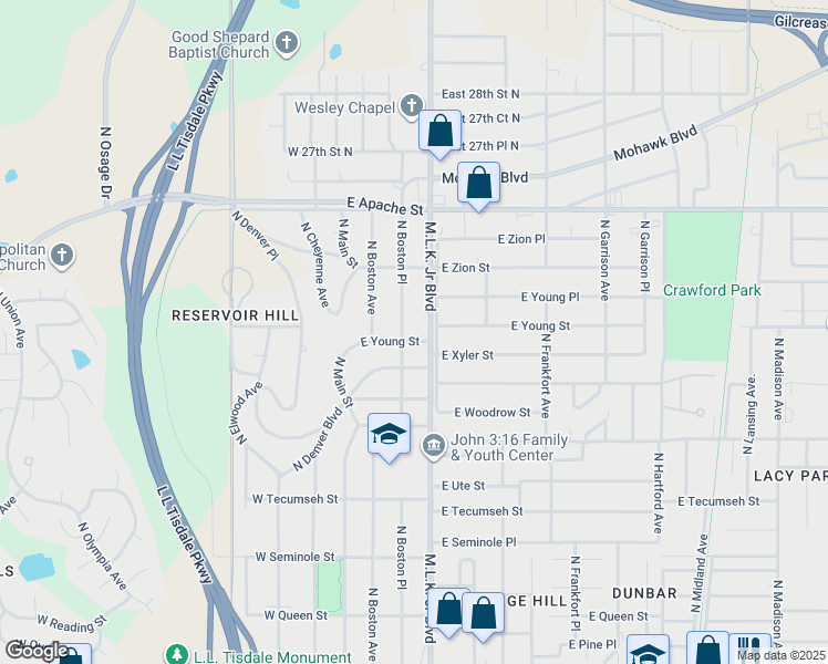map of restaurants, bars, coffee shops, grocery stores, and more near 137 East Young Street in Tulsa