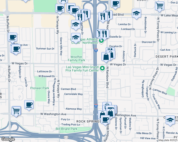 map of restaurants, bars, coffee shops, grocery stores, and more near 1501 Rock Springs Drive in Las Vegas