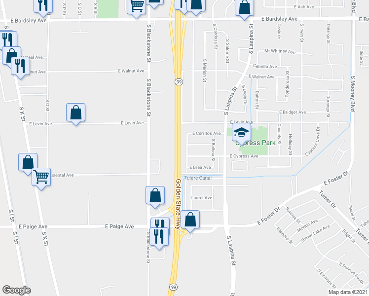 map of restaurants, bars, coffee shops, grocery stores, and more near 1875 South Laguna Street in Tulare