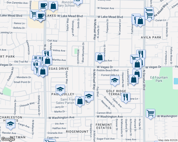 map of restaurants, bars, coffee shops, grocery stores, and more near 1401 North Michael Way in Las Vegas