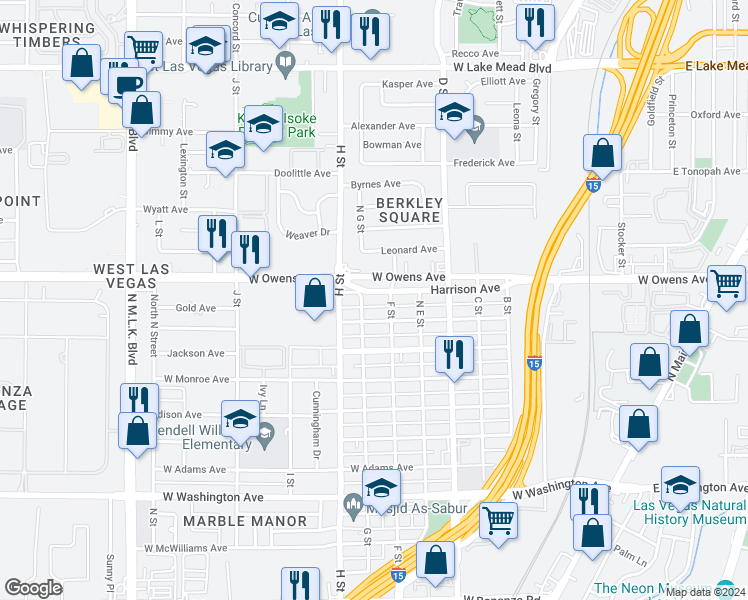 map of restaurants, bars, coffee shops, grocery stores, and more near 615 Harrison Avenue in Las Vegas
