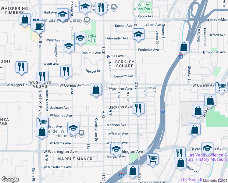 map of restaurants, bars, coffee shops, grocery stores, and more near 619 Harrison Avenue in Las Vegas