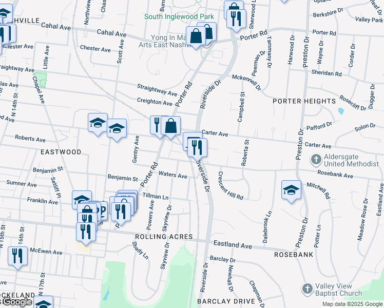 map of restaurants, bars, coffee shops, grocery stores, and more near 1106 Riverside Drive in Nashville