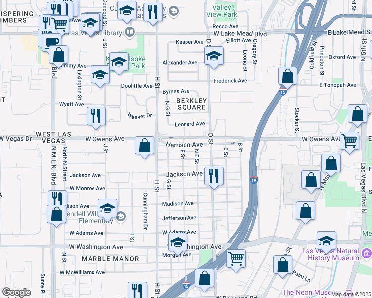 map of restaurants, bars, coffee shops, grocery stores, and more near Harrison Avenue in Las Vegas