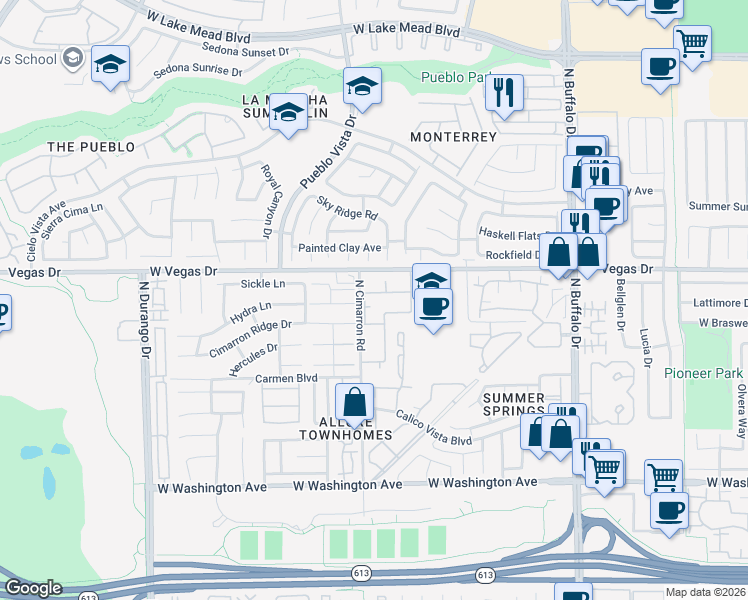 map of restaurants, bars, coffee shops, grocery stores, and more near 7965 Terrace Rock Way in Las Vegas