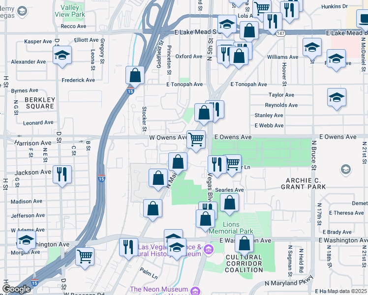 map of restaurants, bars, coffee shops, grocery stores, and more near 1581 North Main Street in Las Vegas