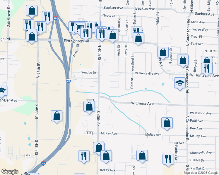 map of restaurants, bars, coffee shops, grocery stores, and more near 3822 Kenny Lane in Springdale