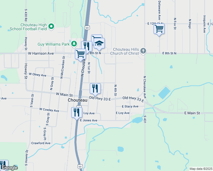 map of restaurants, bars, coffee shops, grocery stores, and more near 305 East Olney Avenue in Chouteau
