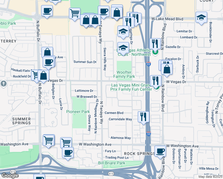 map of restaurants, bars, coffee shops, grocery stores, and more near 7216 Bronze Circle in Las Vegas