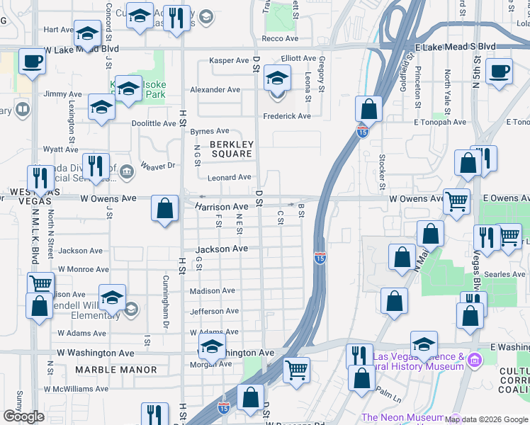 map of restaurants, bars, coffee shops, grocery stores, and more near 404 West Van Buren Avenue in Las Vegas