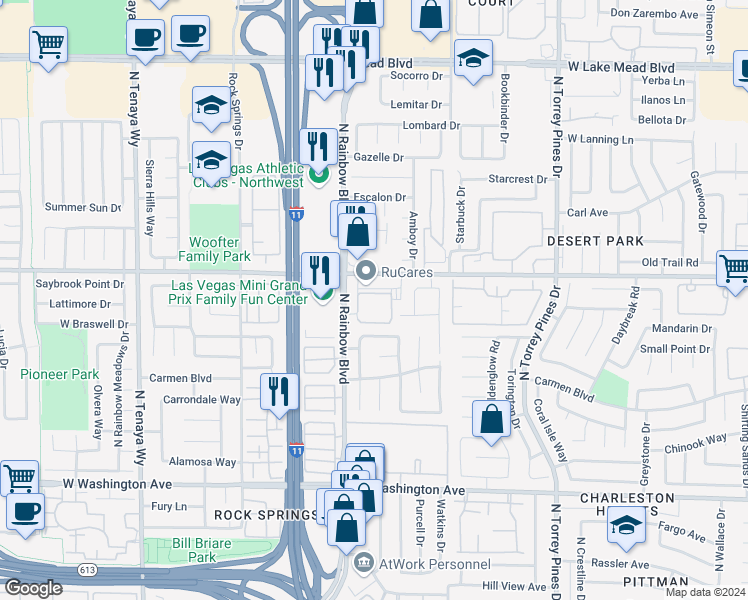 map of restaurants, bars, coffee shops, grocery stores, and more near 6658 Lund Drive in Las Vegas