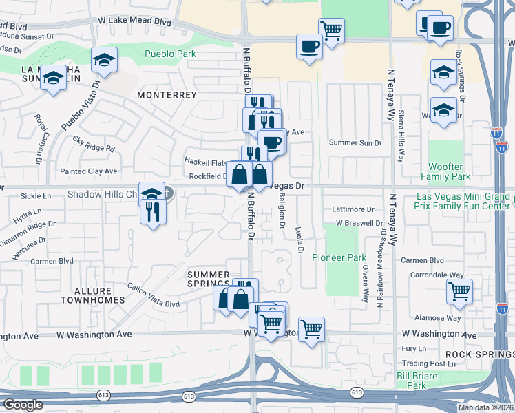 map of restaurants, bars, coffee shops, grocery stores, and more near 1500 North Buffalo Drive in Las Vegas