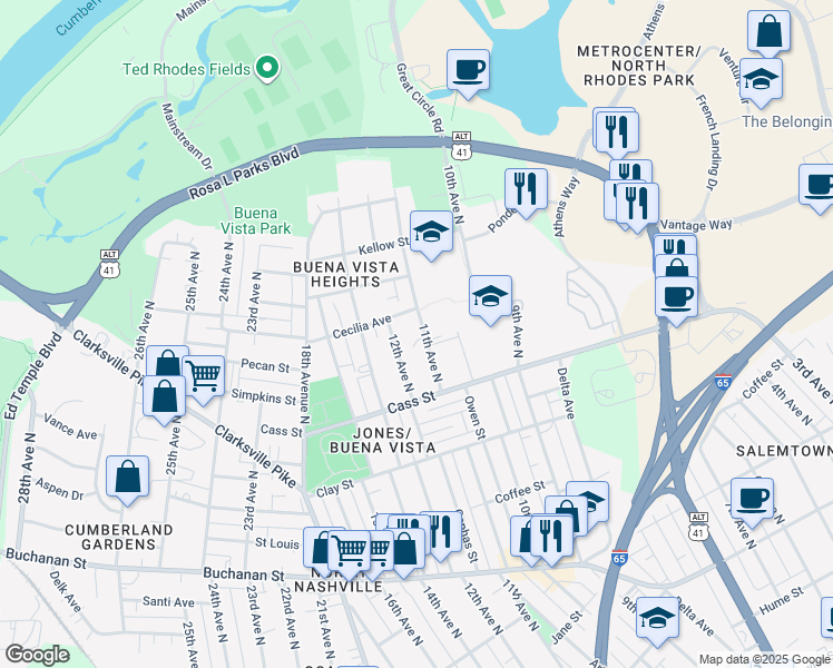 map of restaurants, bars, coffee shops, grocery stores, and more near 2127 11th Avenue North in Nashville