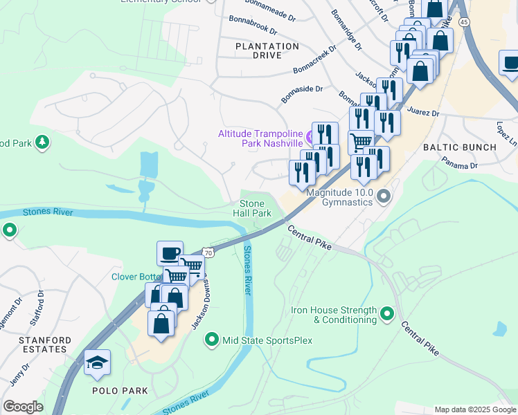 map of restaurants, bars, coffee shops, grocery stores, and more near 1014 Stones River Road in Nashville