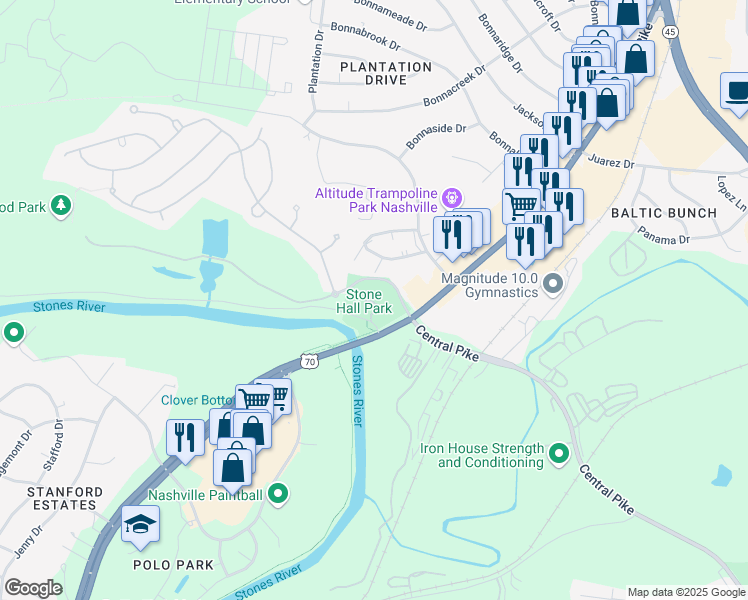 map of restaurants, bars, coffee shops, grocery stores, and more near 1014 Stones River Road in Nashville
