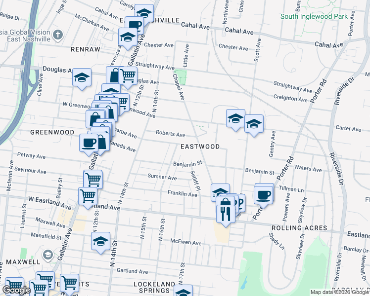 map of restaurants, bars, coffee shops, grocery stores, and more near 1608 Sharpe Avenue in Nashville