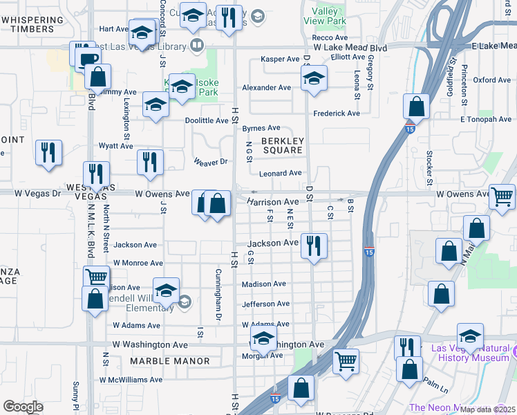 map of restaurants, bars, coffee shops, grocery stores, and more near 619 Harrison Avenue in Las Vegas