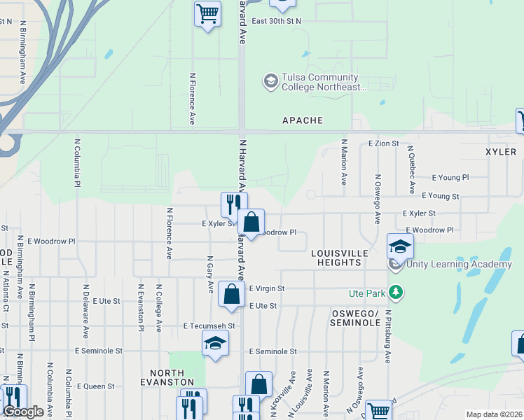 map of restaurants, bars, coffee shops, grocery stores, and more near 3340 East Xyler Street in Tulsa