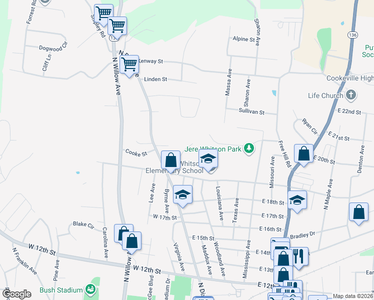 map of restaurants, bars, coffee shops, grocery stores, and more near 1943 Bouton Bend in Cookeville