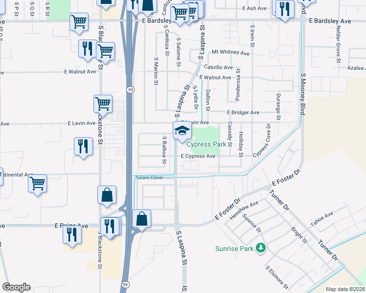 map of restaurants, bars, coffee shops, grocery stores, and more near 1870 South Laspina Street in Tulare
