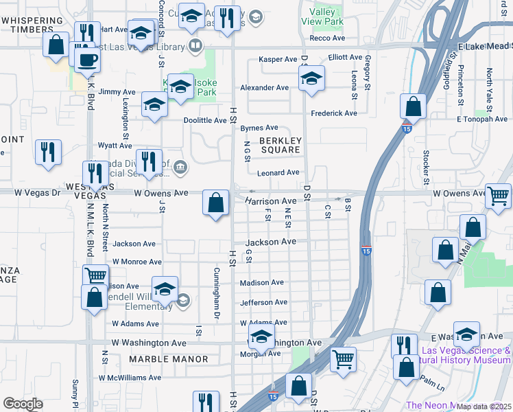 map of restaurants, bars, coffee shops, grocery stores, and more near 615 Harrison Avenue in Las Vegas