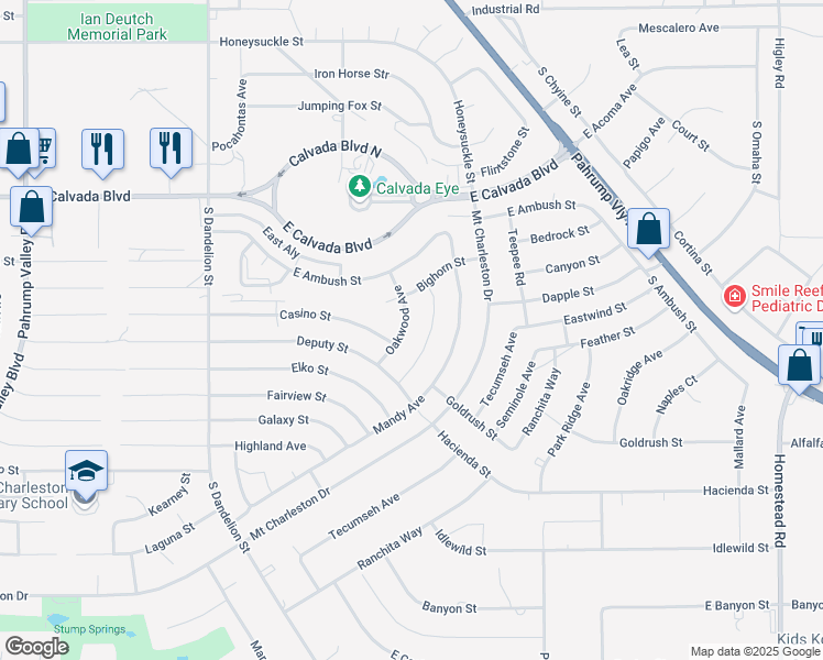 map of restaurants, bars, coffee shops, grocery stores, and more near 2171 Oakwood Avenue in Pahrump