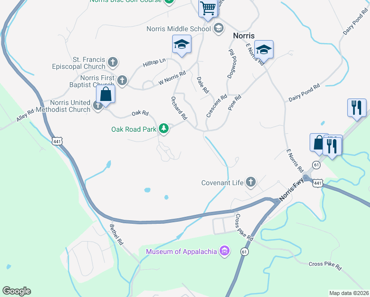 map of restaurants, bars, coffee shops, grocery stores, and more near 213 Oak Road in Powell