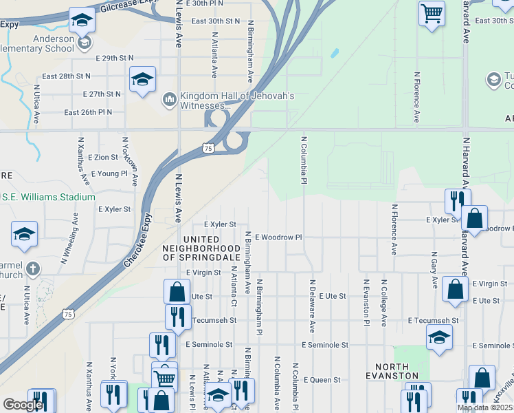 map of restaurants, bars, coffee shops, grocery stores, and more near 2246 North Birmingham Place in Tulsa