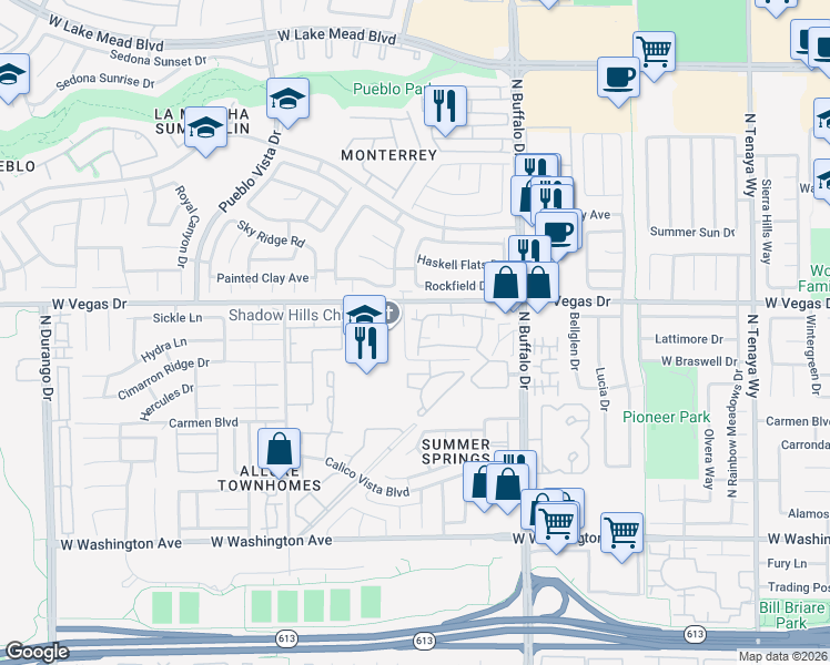 map of restaurants, bars, coffee shops, grocery stores, and more near 1505 Blackcombe Street in Las Vegas