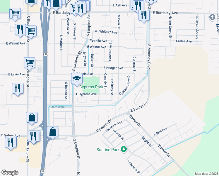 map of restaurants, bars, coffee shops, grocery stores, and more near 1875 Holliday Street in Tulare