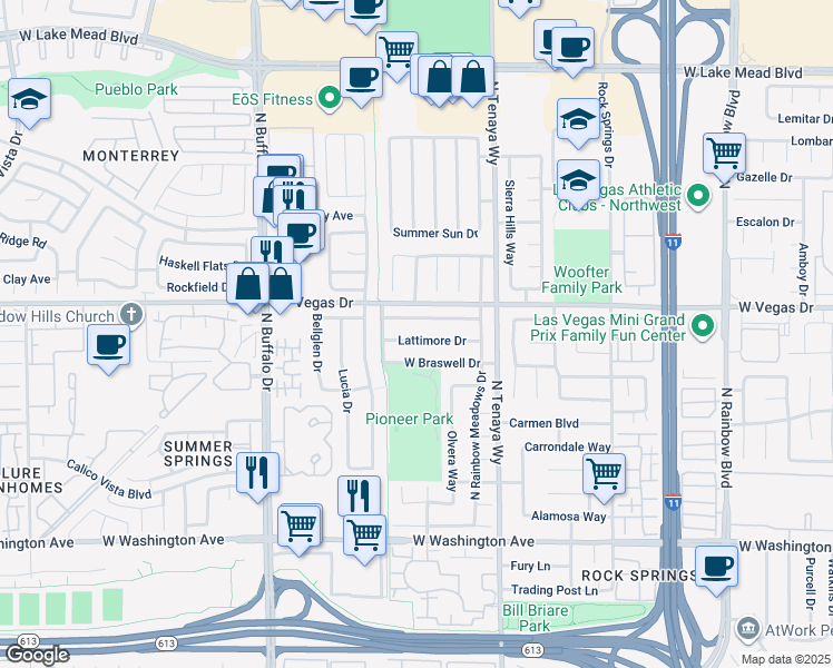 map of restaurants, bars, coffee shops, grocery stores, and more near 7420 Lattimore Drive in Las Vegas